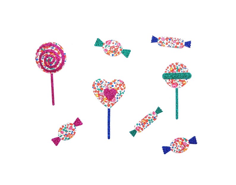 Set of sweets iron on patch for customize clothing lollipops and candies made in Liberty fabric and glitter birthday party items