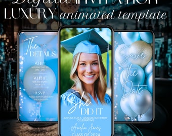 Graduation Party Invitation, Grad Invitation, Education Grad Announcement, Education Grad Party, College Grad, Blue and Silver