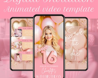 Sweet 16 Birthday Invitation, Animated Birthday Invite, Editable 16th Birthday Party Template, Birthday Dinner, Text Invite, Video Invite