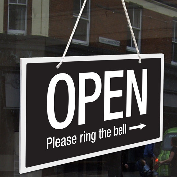 Open Please Ring The Bell / Closed 3mm Rigid 110mm x 210mm Sign, Shop Window Door - 21 Colours