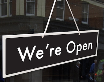 Open And Closed 3mm Rigid Hanging Sign 65mm x 240mm, Shop Window Door - 21 Colours