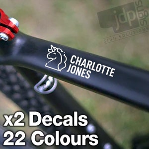X2 Personalised Unicorn Bike Frame Name Stickers Vinyl Decal Cycle Helmet - 22 Colours Available