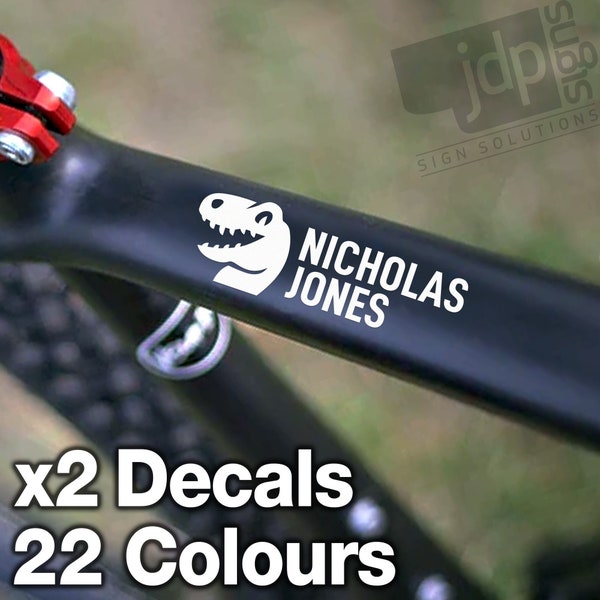 X2 Personalised Dinosaur Icon Bike Frame Name Stickers Vinyl Decal Cycle Helmet - 22 Colours Available