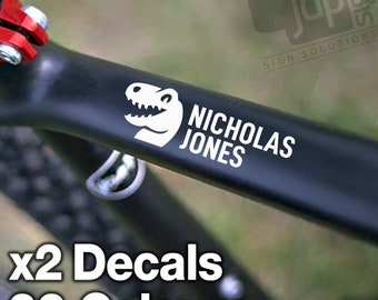 X2 Personalised Dinosaur Icon Bike Frame Name Stickers Vinyl Decal Cycle Helmet - 22 Colours Available
