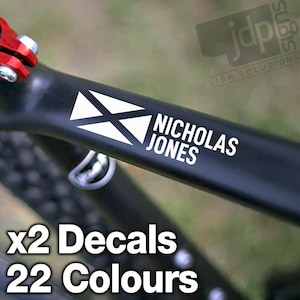 X2 Personalised Scottish Flag Bike Frame Name Stickers Vinyl Decal Cycle Helmet - 22 Colours Available