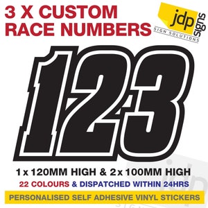 3 autocollants personnalisés en vinyle avec numéros de course, autocollants motocross, kart, moto tout terrain - 1 x 120 mm de haut et 2 x 100 mm de haut - 22 couleurs disponibles