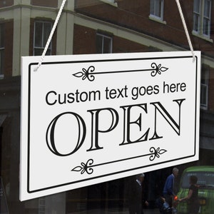 Personalised Custom Made Open Closed Hanging Sign, 3mm White Rigid 120mm x 200mm Sign, Shop Window Door - 21 Colours