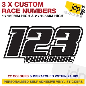3 X Custom Race Numbers And Name Stickers Motocross Kart Decals Mx Dirt Bike - 1 x 150mm High & 2 x 125mm High - 22 Colours Available