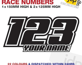 3 X Custom Race Numbers And Name Stickers Motocross Kart Decals Mx Dirt Bike - 1 x 150mm High & 2 x 125mm High - 22 Colours Available