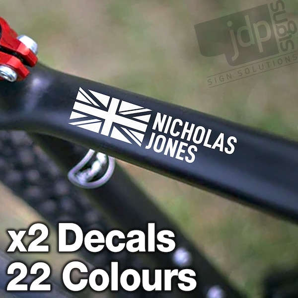 X2 Personalised England Flag Bike Frame Name Stickers Vinyl Decal Cycle Helmet - 22 Colours Available
