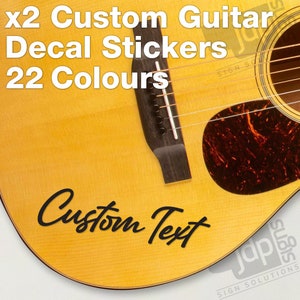 x2 Autocollants de transfert pour guitare, nom personnalisé, texte, vinyle jusqu'à 200 x 35 mm - 22 couleurs disponibles