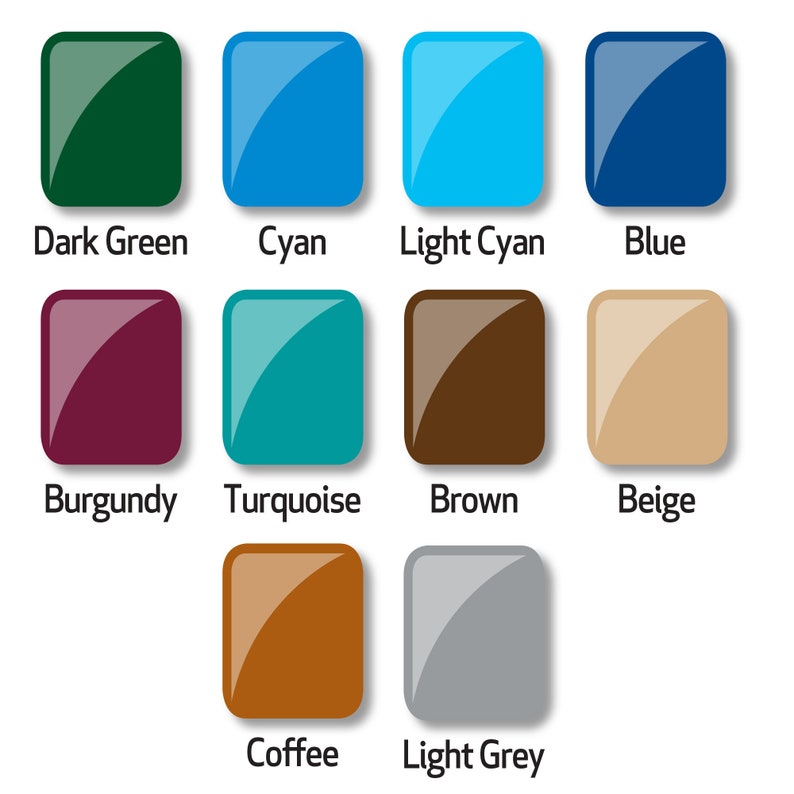 K&ouml;nnte beinhalten: Eine Farbkarte mit 10 Farbfeldern, wobei die Namen der einzelnen Farben darunter stehen: Dunkelgr&uuml;n, Cyan, Hellcyan, Blau, Burgunder, T&uuml;rkis, Braun, Beige, Kaffee, Hellgrau.