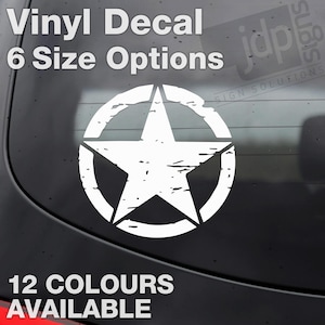 Military Army Star Distressed Jeep Car Vinyl Sticker Decal - 6 Size Options - 12 Colours Available