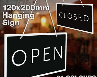 Open Closed Double Sided 3mm Rigid Hanging 120mm x 200mm Sign, Shop Window Door - 21 Colours
