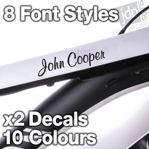 2 pegatinas de vinilo personalizadas para el cuadro de la bicicleta y el casco (10 colores disponibles)