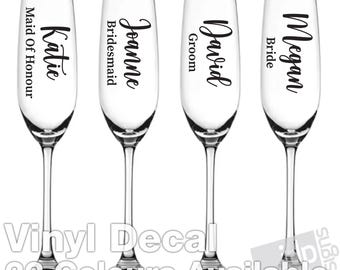 1 x Wedding Custom Name & Role Champagne Flute Wine Glass Vinyl Sticker Decal - 22 Colours Available