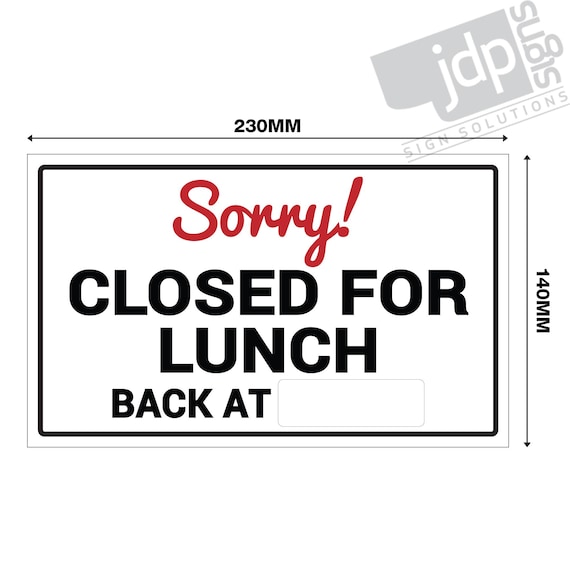 Wipe Area 'sorry Closed for Lunch - Back At' Hanging Shop Door