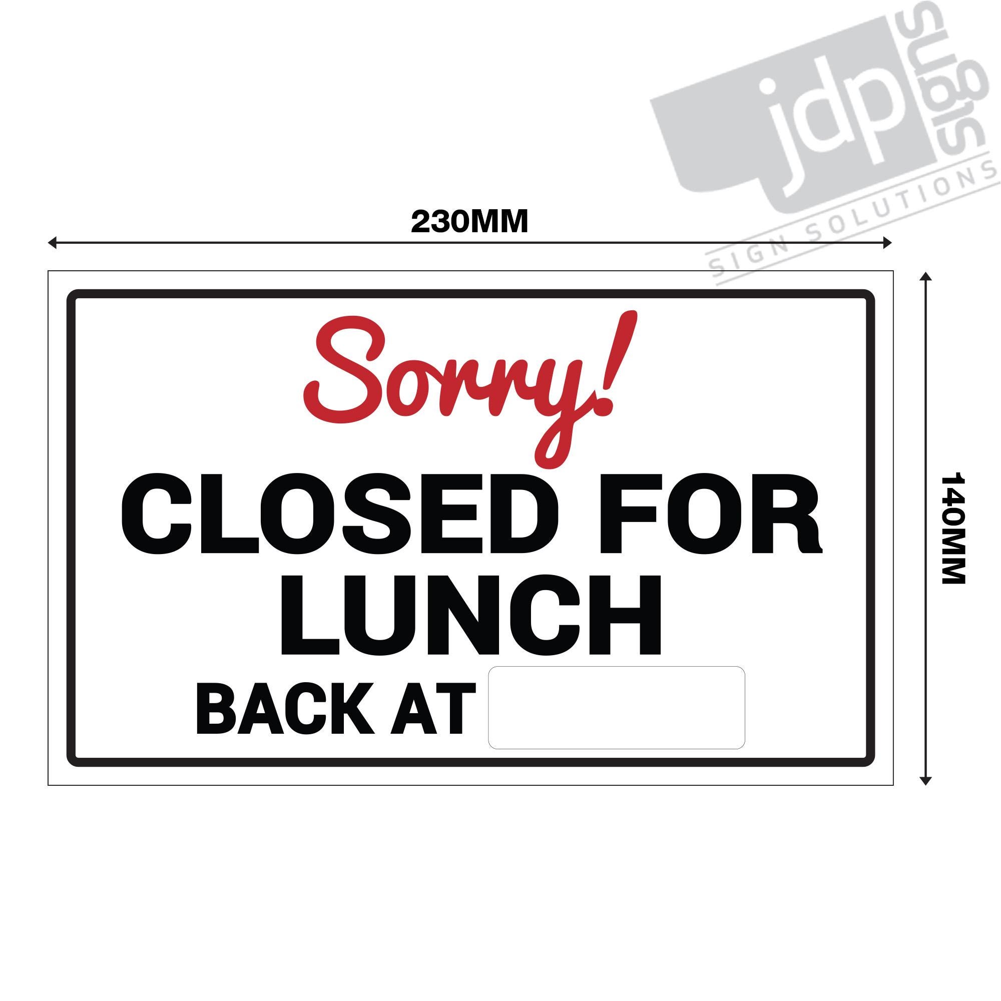 Wipe Area 'sorry Closed for Lunch - Back At' Hanging Shop Door