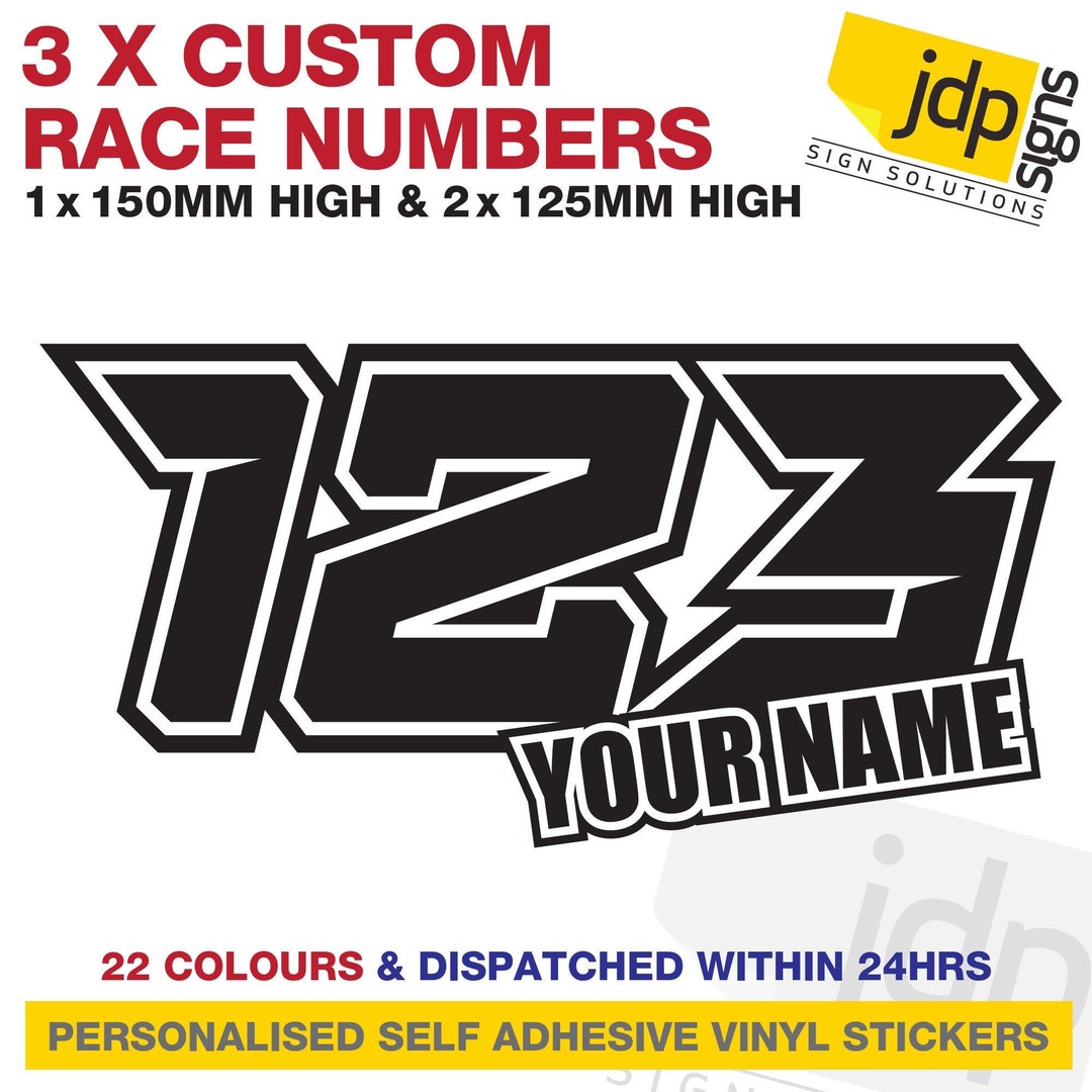 3 X Custom Race Numbers and Name Stickers Motocross Kart Decals Mx Dirt ...