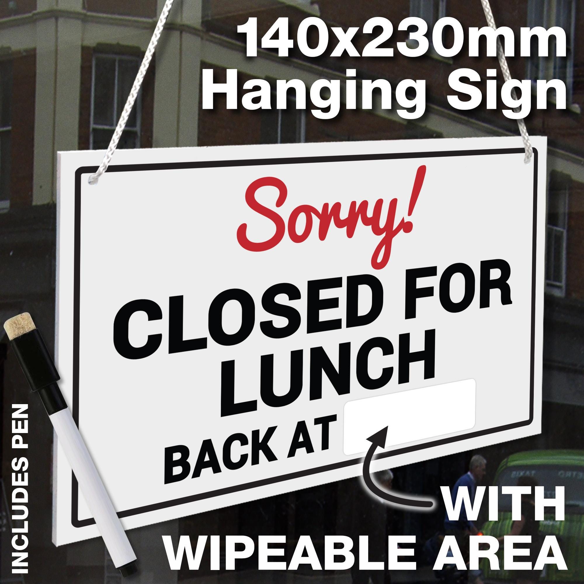 Wipe Area 'sorry Closed for Lunch - Back At' Hanging Shop Door