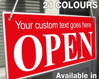 Personalised Custom Made Open Closed Hanging Sign, Shop Window/Door - H100mm x W230mm – 21 Colours
