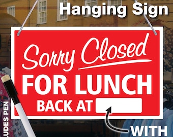 Wipe Area 'Sorry Closed For Lunch - Back At' Hanging Shop Door Sign 3mm Rigid 140mm x 230mm - 21 Colours