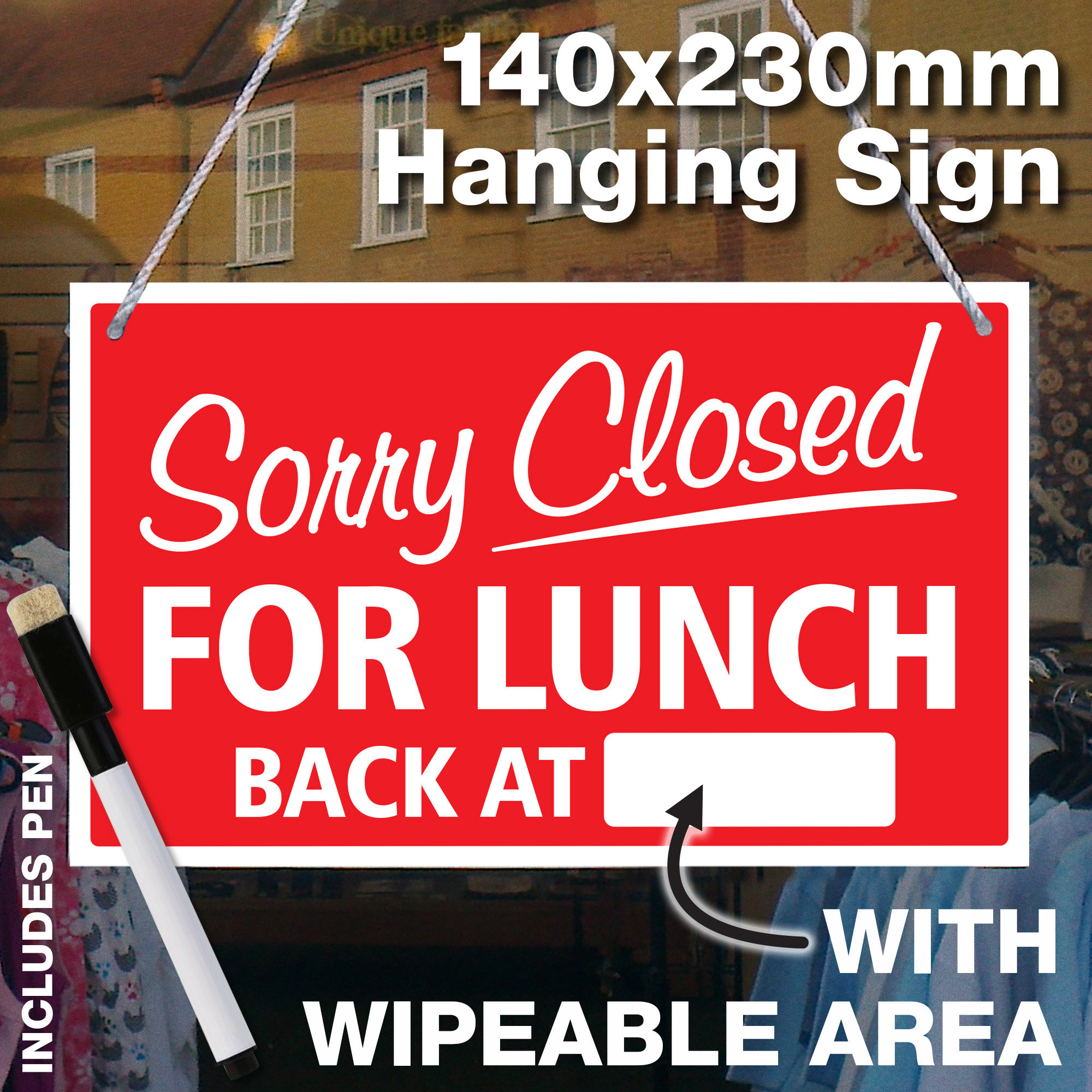 Wipe Area 'sorry Closed for Lunch - Back At' Hanging Shop Door