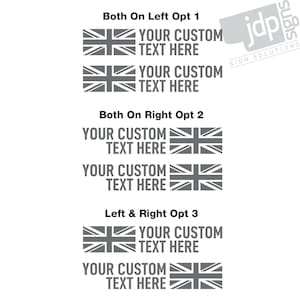 K&ouml;nnte beinhalten: Drei verschiedene Optionen f&uuml;r einen benutzerdefinierten Aufkleber mit der Union Jack-Flagge und dem Text "YOUR CUSTOM TEXT HERE". Die erste Option hat die Flagge links neben dem Text, die zweite Option hat die Flagge rechts neben dem Text und die dritte Option hat die Flagge auf beiden Seiten des Textes.