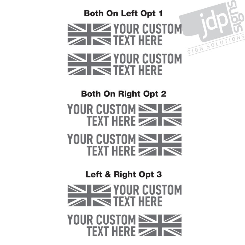K&ouml;nnte beinhalten: Drei verschiedene Optionen f&uuml;r einen benutzerdefinierten Aufkleber mit der Union Jack-Flagge und dem Text "YOUR CUSTOM TEXT HERE". Die erste Option hat die Flagge links neben dem Text, die zweite Option hat die Flagge rechts neben dem Text und die dritte Option hat die Flagge auf beiden Seiten des Textes.