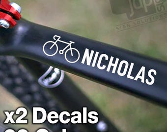 X2 Personalised Bike Icon Frame Name Stickers Vinyl Decal Cycle Helmet - 22 Colours Available