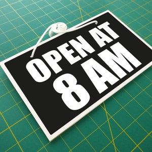 Open At 8AM 3mm Rigid 120mm x 200mm Sign, Shop Window Door 21 Colours Available imagem 5