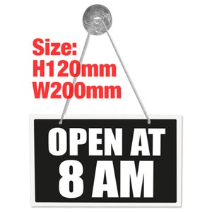 Open At 8AM 3mm Rigid 120mm x 200mm Sign, Shop Window Door 21 Colours Available imagem 3