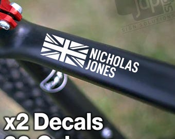 X2 Personalised United Kingdom Union Jack England Flag Bike Frame Name Stickers Vinyl Decal Cycle Helmet - 22 Colours Available