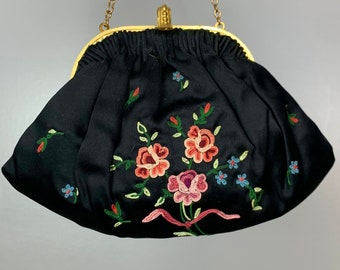 Franse jaren 1930 zijde-satijn geborduurde avondtasje / designertas / handtas
