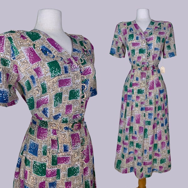 WAIST 32" NOS 1940s printed rayon day dress  / 1940s fashion