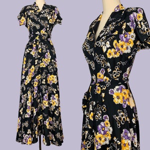 NOS c 1930s 40s grape & flowers print cold rayon hostess gown/ 30s Boudoir /Lounger /1940s Dressing gown / Old Hollywood