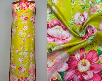 NOS 1940s Vintage Floral Chartreuse Silk Scarf Rockabilly Pinup / Hollywood Starlet / Lightweight Silk Head Scarf Film Noir / Large