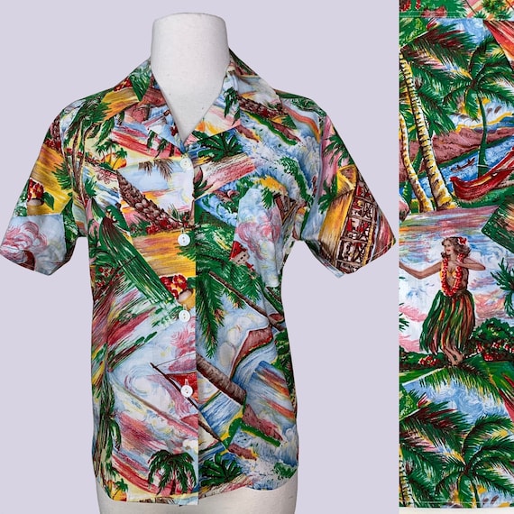 NOS 1940s Hawaiian Print Cotton Shirt Top Blouse … - image 1