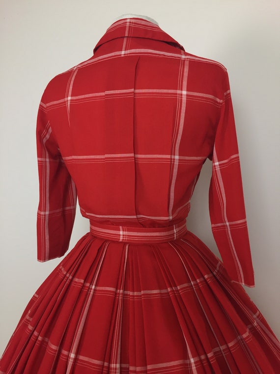 Vintage 1950s Plaid Cotton Dress Mcmullen Glens Falls N.Y./ 50s Casual  Shirtwaist Tomato Red and White Dress / Fall Fashion 