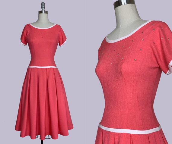 Raspberry Sorbet early 1950s New Look Day Dress /… - image 1