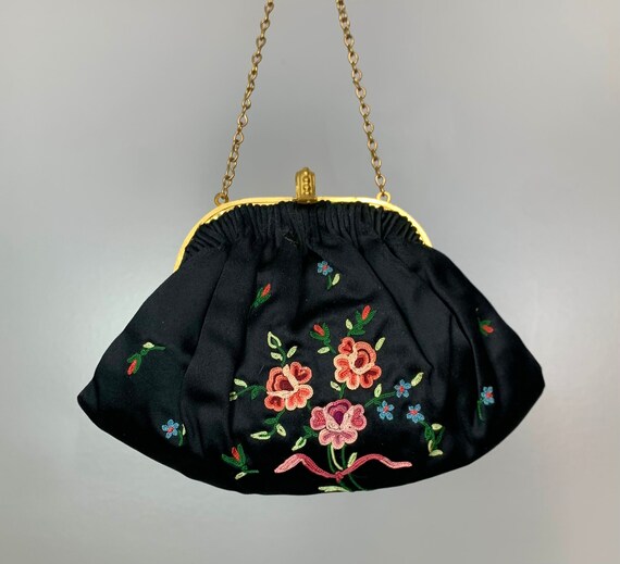French 1930s Silk-Satin Embroidered Evening Purse… - image 1