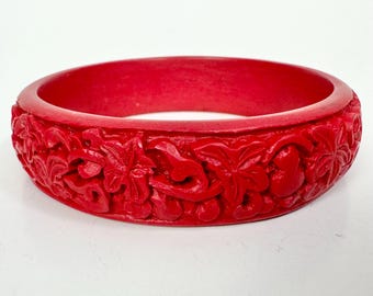 Vintage Carved Cinnabar Resin Bangle Bracelet Flowers | Estate Jewelry Band