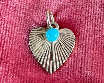 Vintage 14K 585 Yellow Gold Turquoise Engine Turned Heart Pendant USA
