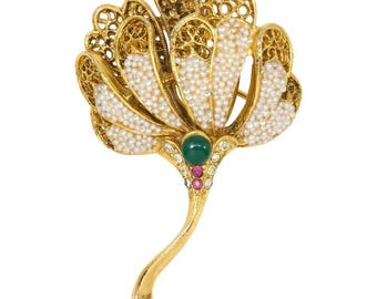 Vintage BSK Floral Brooch 3D Design with Faux Seed Pearls Statement Jewellery Oriental Lotus Flower Gold Tone