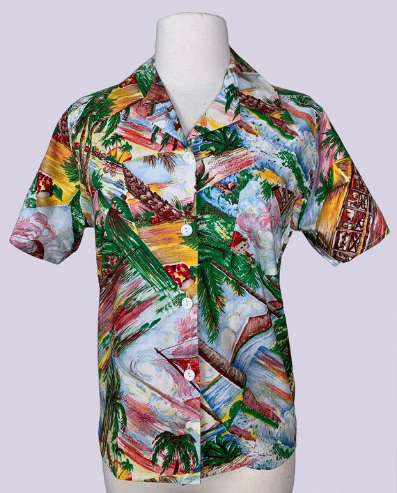 NOS 1940s Hawaiian Print Cotton Shirt Top Blouse … - image 2