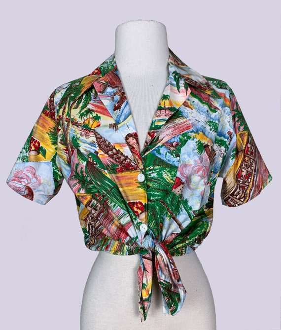 NOS 1940s Hawaiian Print Cotton Shirt Top Blouse … - image 4