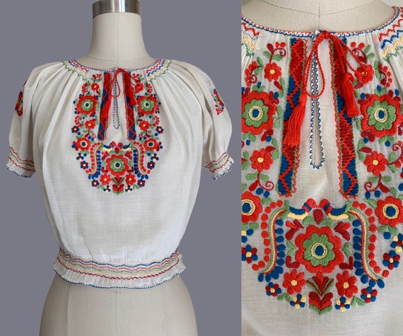 Vintage Hungarian 1930s Embroidered Smocked Peasan