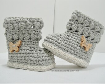 Crochet Baby Girls Booties, 0 - 12 months, Side butterfly button, Baby slippers