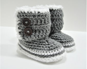 Crochet babies Booties, Boys and Girls Winter shoes, Fur Trimmed boots, Grey babys boots, Blue baby booties, Babies booties