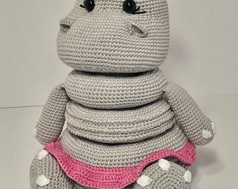 Hippo stacking toy, crochet Hippo, hippo amigurumi baby activity toy, ring tower toy